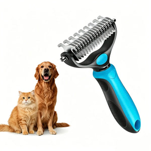 Pet Dematting Undercoat Rake for Long Haired Dogs Cats, Double Sided Deshedding Brush, Pain Free Tangle Remover to Reduce Shedding & Mats