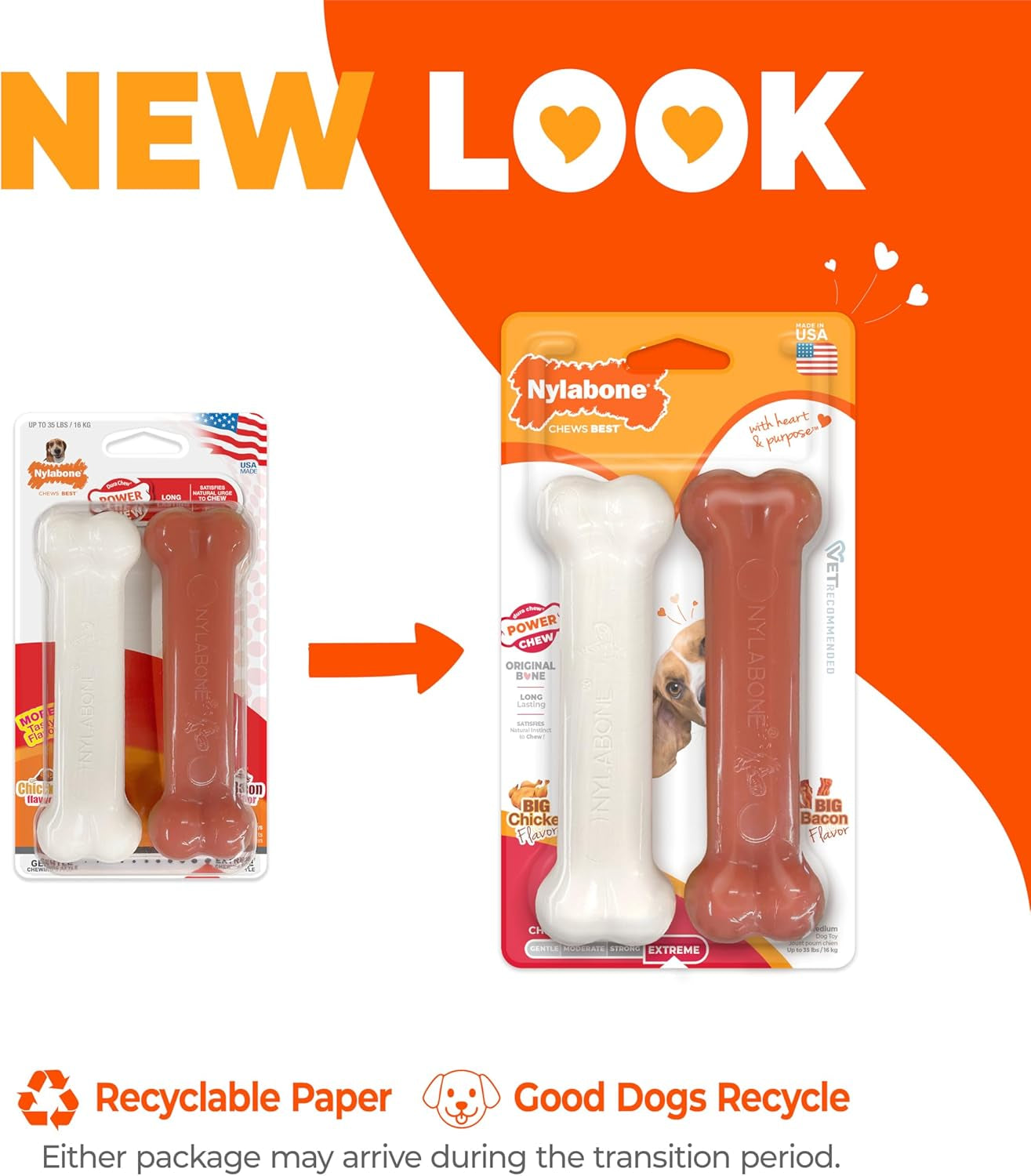 Original Bone Power Chew Toy for Dogs, Durable Dog Toys for Aggressive Chewers, Basted Blast Bacon & Chicken Flavor, Medium -2 Pack