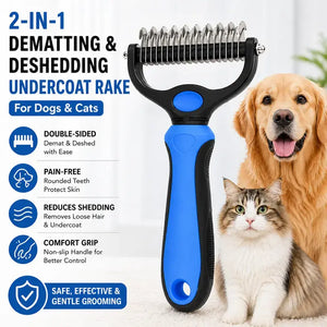 Pet Dematting Undercoat Rake for Long Haired Dogs Cats, Double Sided Deshedding Brush, Pain Free Tangle Remover to Reduce Shedding & Mats