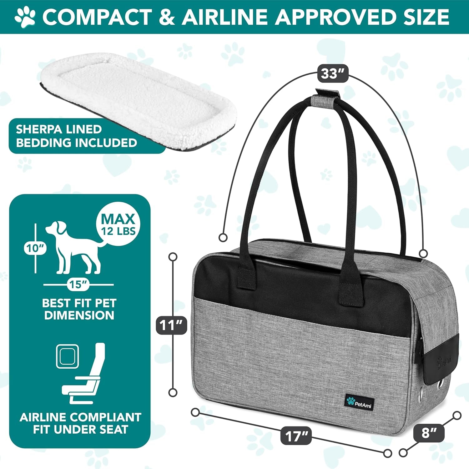 Dog Purse Carrier for Small Dogs Cats, TSA Airline Approved Soft-Sided Pet Carrier with Pockets, Ventilated Travel Tote Bag with Bed & Shoulder Strap, Puppy Kitten, Max 12 Lbs, Heather Grey
