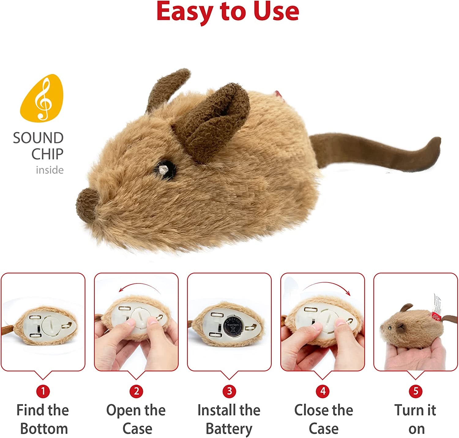 Interactive Automatic Mouse Toy for Cats with Realistic Squeaky Sound - Indoor Self-Play and Exercise (Brown Ear)