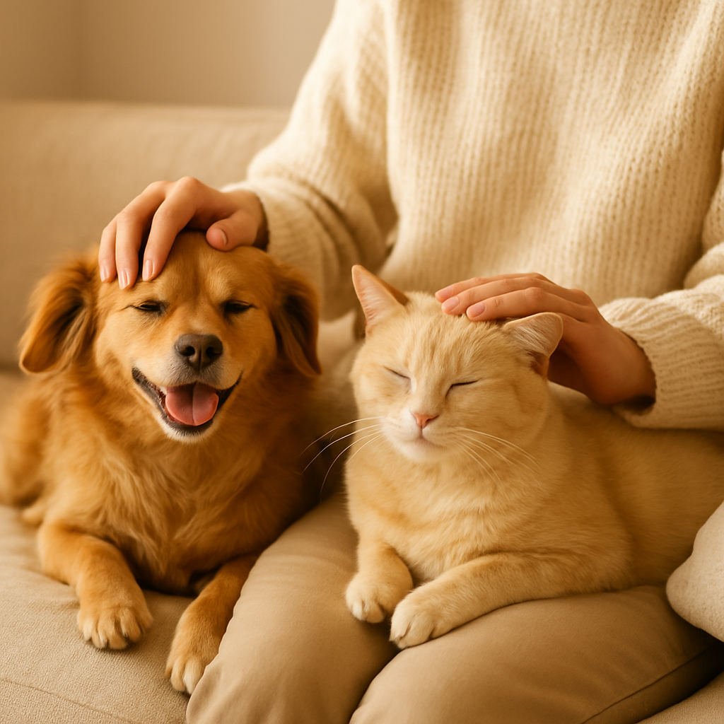 A pet owner caring for their dog and cat at home