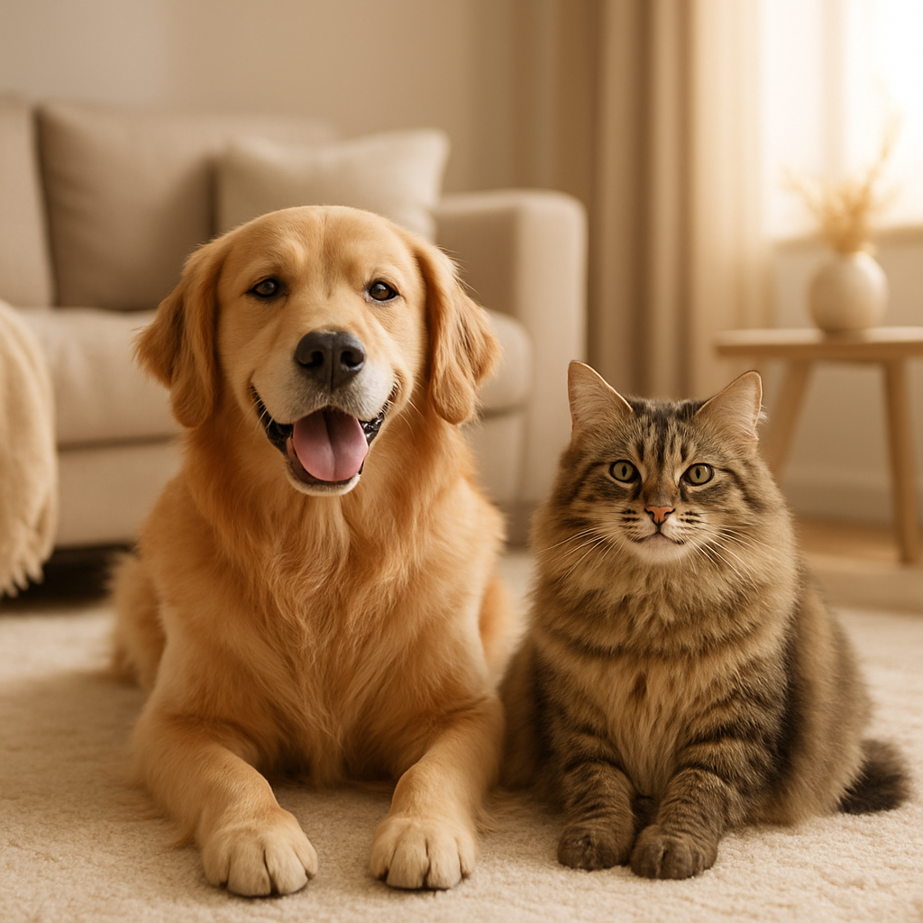 A happy dog and cat relaxing together